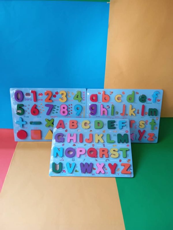 BLUE MOVABLE ALPHABET AND NUMBER WOODEN PUZZLE (3 PCS)